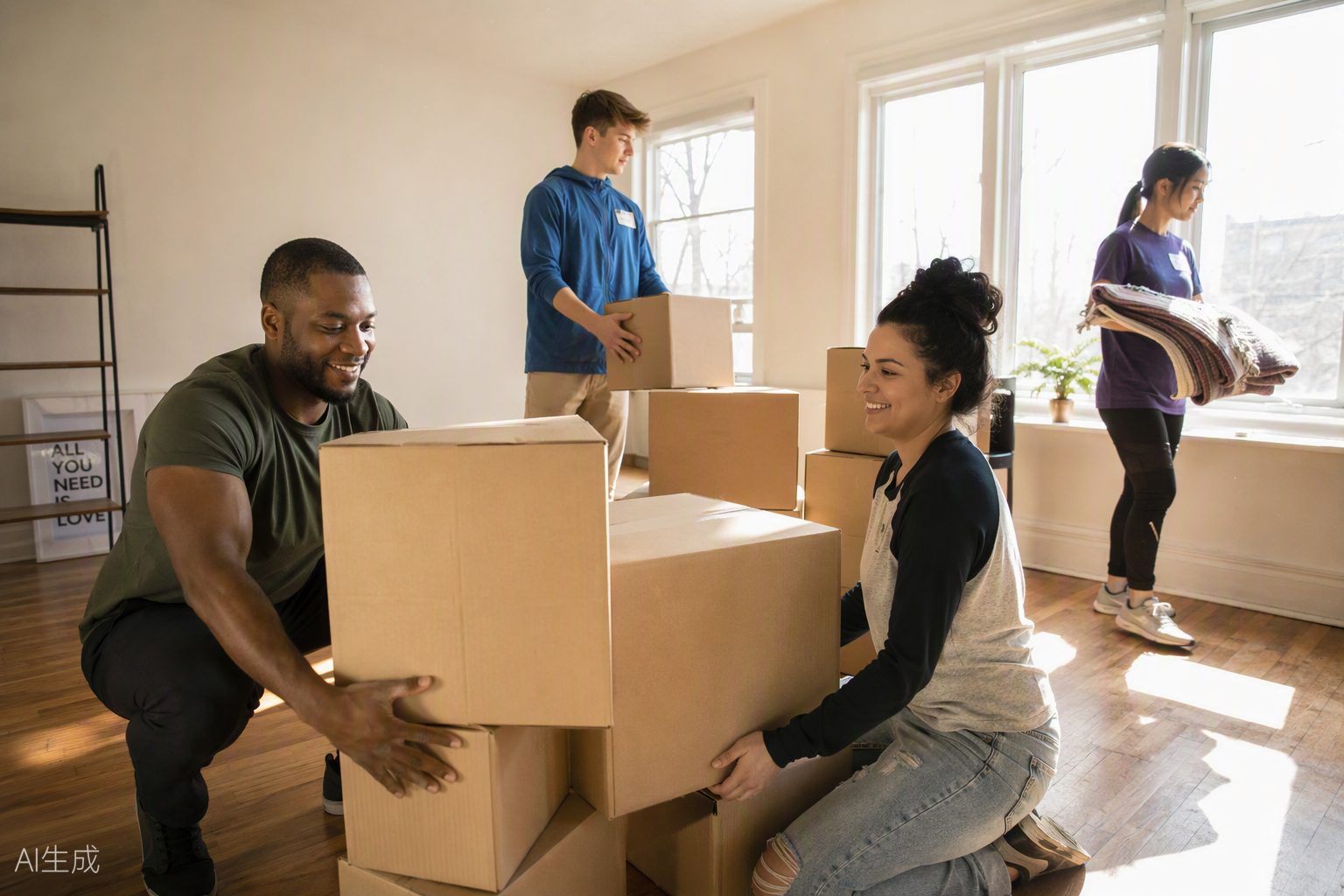 Volunteers preparing a bright apartment for move-in day