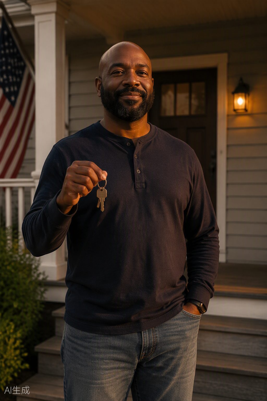 A veteran holding the keys to his new home on the front steps at golden hour