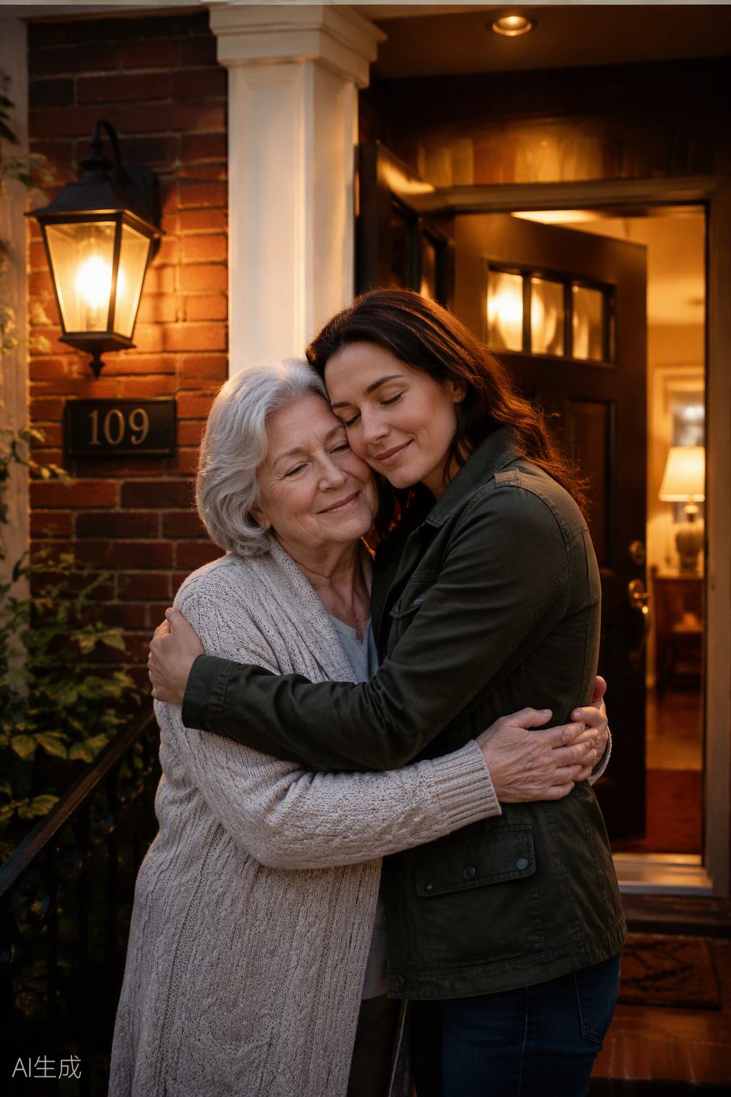 A senior mother embracing her adult daughter on the porch of their home at dusk