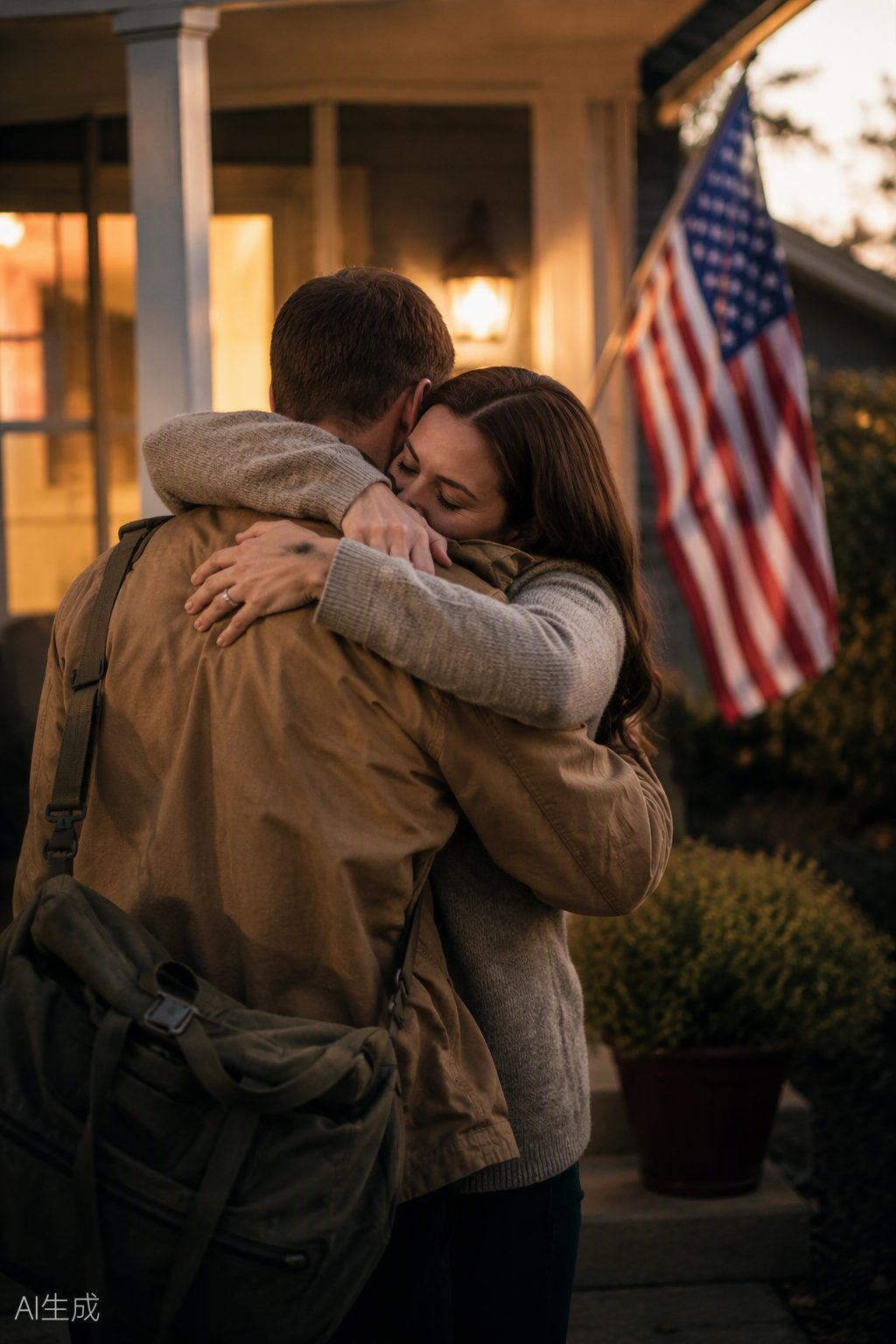 A homecoming embrace on the front porch of a family home at dusk