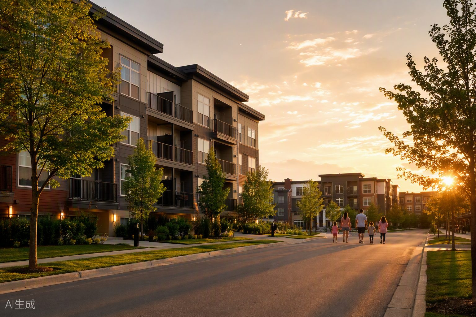 A modern residential community at golden hour