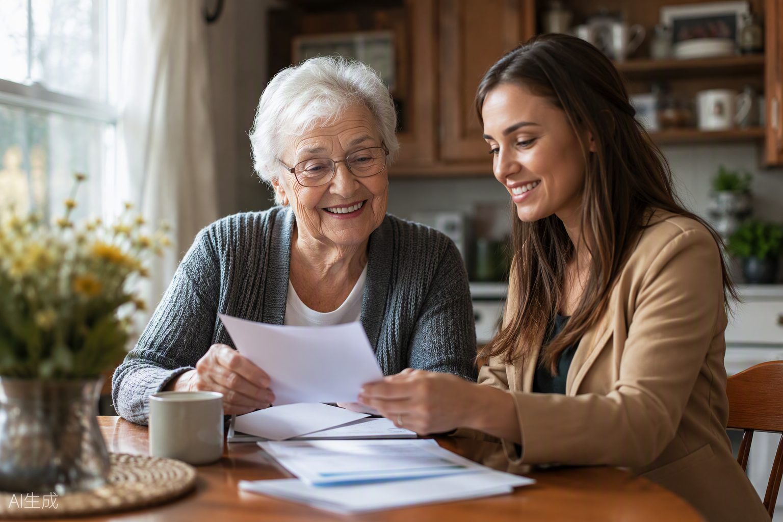 A senior reviewing paperwork with a support worker at a kitchen table