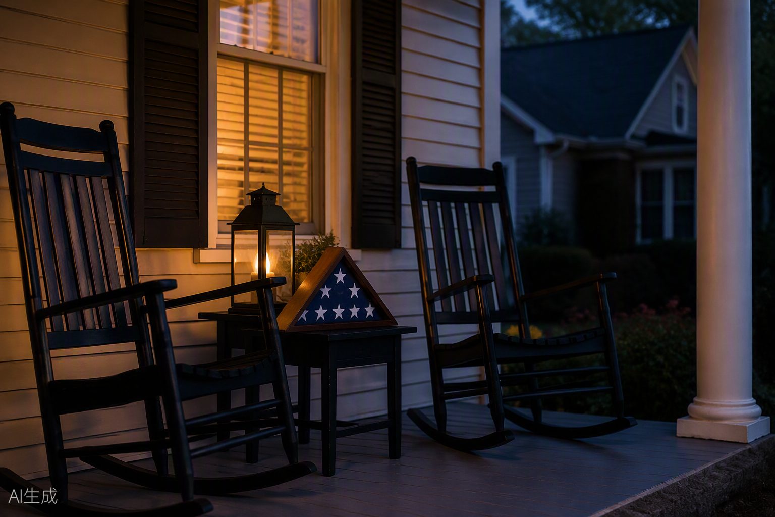 A peaceful front porch at dusk with lantern light