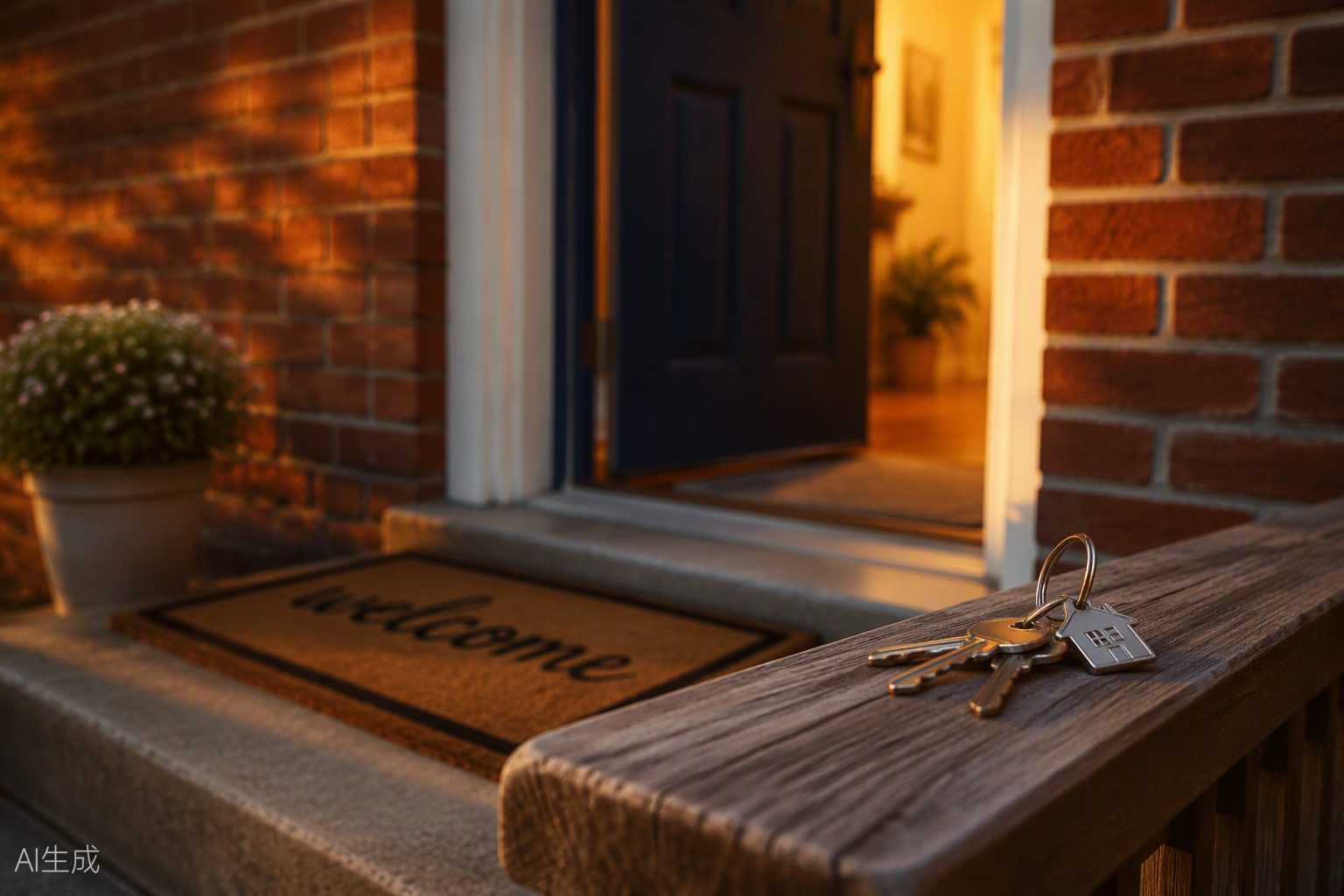 House keys resting on the porch rail of a home at golden hour