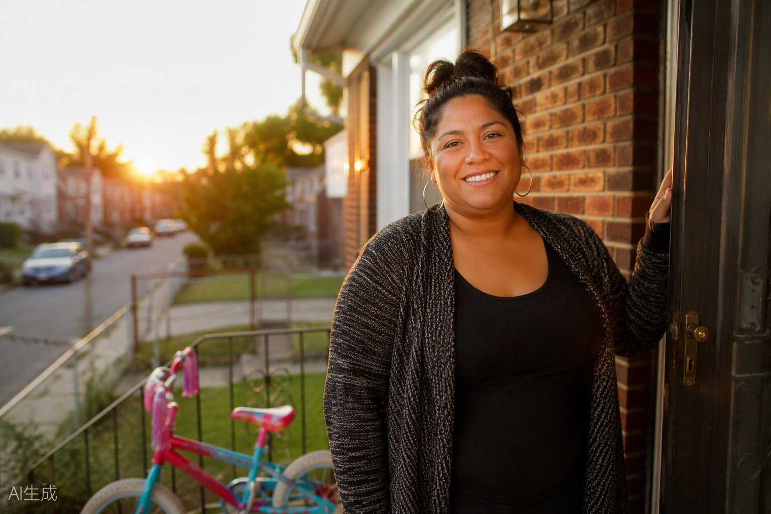 A smiling mother standing in the doorway of her home at sunset, children's bicycles on the porch