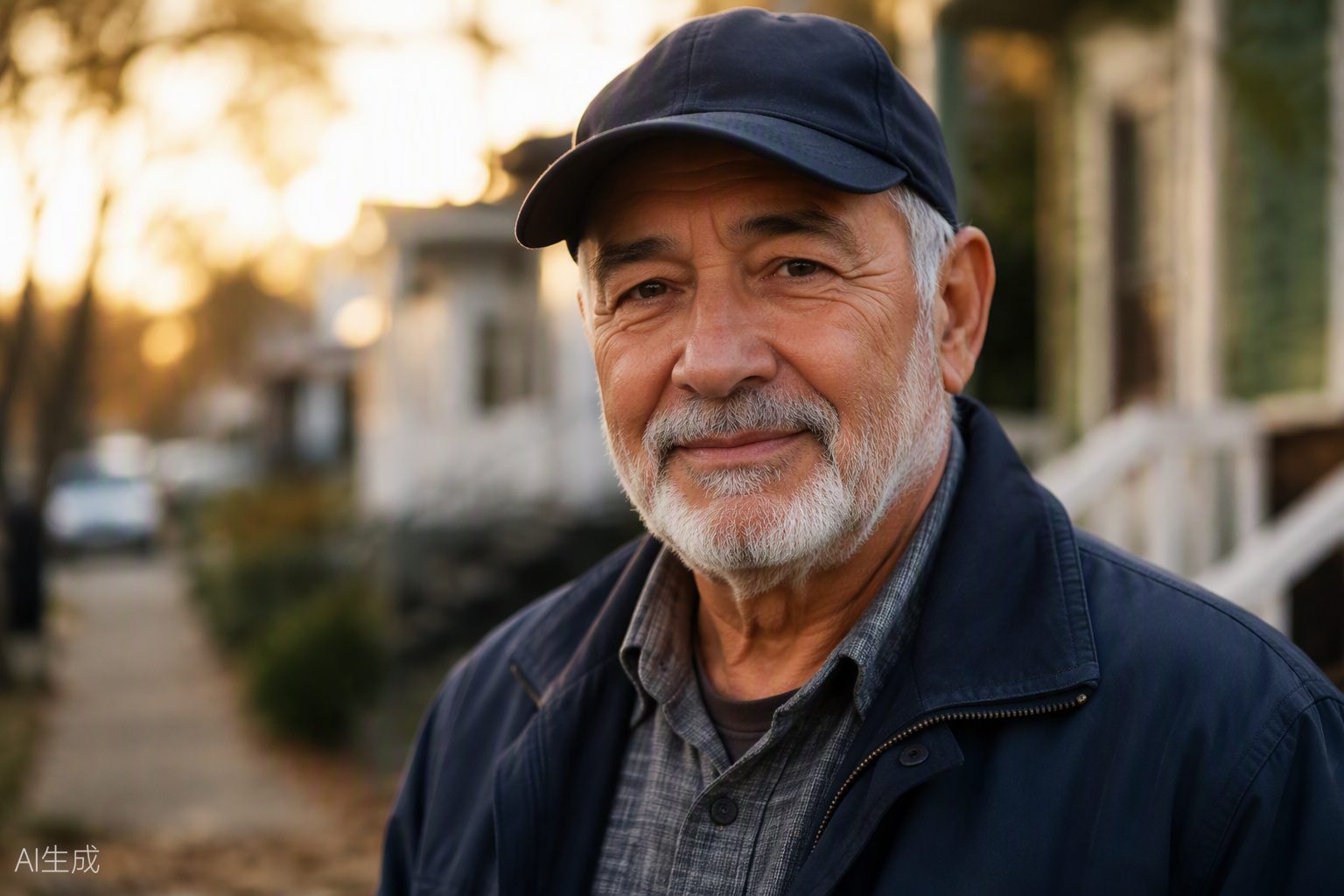 An older Navy veteran smiling in his neighborhood